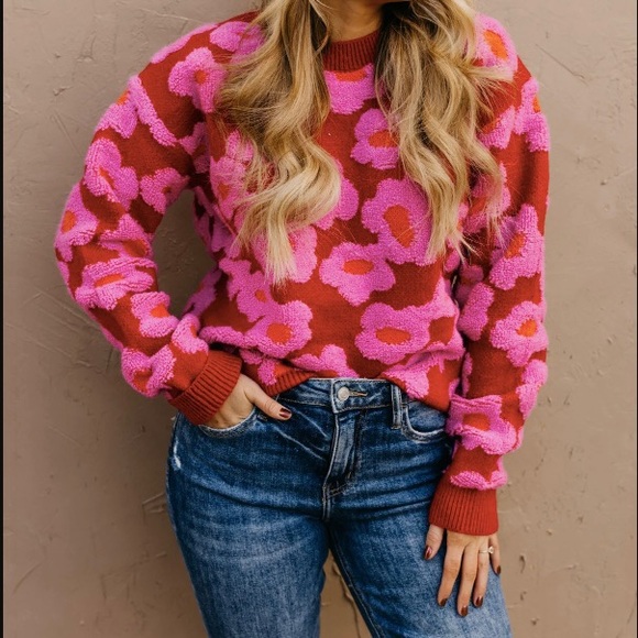 Pink fuchsia Sherpa floral flower print embroidered bohemian oversized s… - Picture 3 of 9